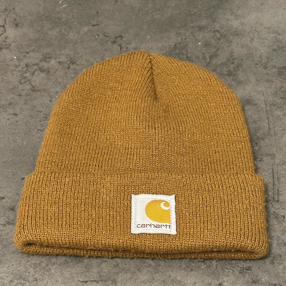 Carhartt Beanie Hat Cap Youth One Size Brown Knit Cuffed Logo Made In USA Kids